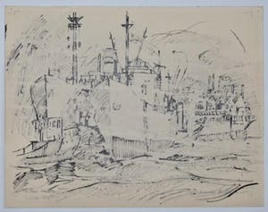 Wim Motz - 2 tekeningen van Rotterdamse havengezichten kopen? Bied vanaf 50!