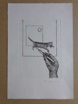 Roger Raveel - KAT IN VIERKANT / ZW-W ETS / 39x27cm / SIG / 2010 kopen? Bied vanaf 275!