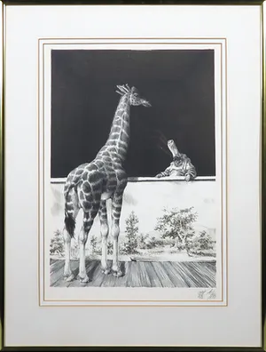 Peter Vos - Litho, Giraf met pulcinella - Ingelijst kopen? Bied vanaf 150!