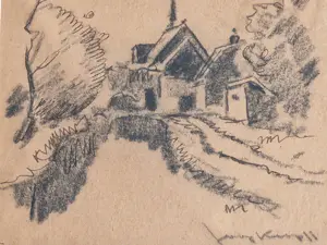 Joop Kropff - circa 1940 - houtskooltekening Kerkje Schoorl - in originele lijst - gesigneerd kopen? Bied vanaf 52!