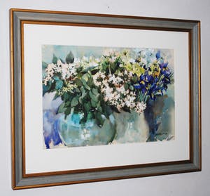 Leo Vierhout - wilde bloemen [irissen] in vazen - fraai ingelijst kopen? Bied vanaf 125!