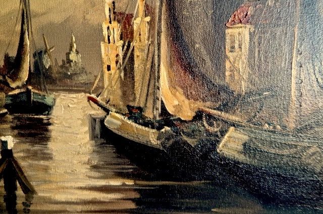 Niet of onleesbaar gesigneerd - Haarlem, Spaarne haven bij maanlicht - Gesigneerd:Vos (wie?) - Prachtige lijst! kopen? Bied vanaf 1!