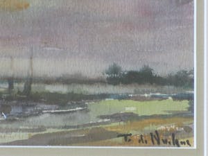 Frans de Nocker - Haventje in landschap bij avondlicht - Gemengde techniek kopen? Bied vanaf 55!