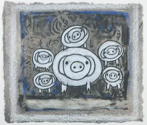 Hans Innemee - Zeefdruk, The pig family singers - Ingelijst kopen? Bied vanaf 100!