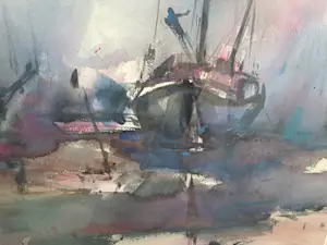 Jan Velthuis - Jan Velthuis: Aquarel, Drooggevallen schepen op het wad - Ingelijst kopen? Bied vanaf 175!