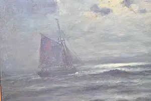 Buy Romain Steppe - Vissersboot onder zeil varend bij maanlicht dicht bij het strand? Bid from 180!