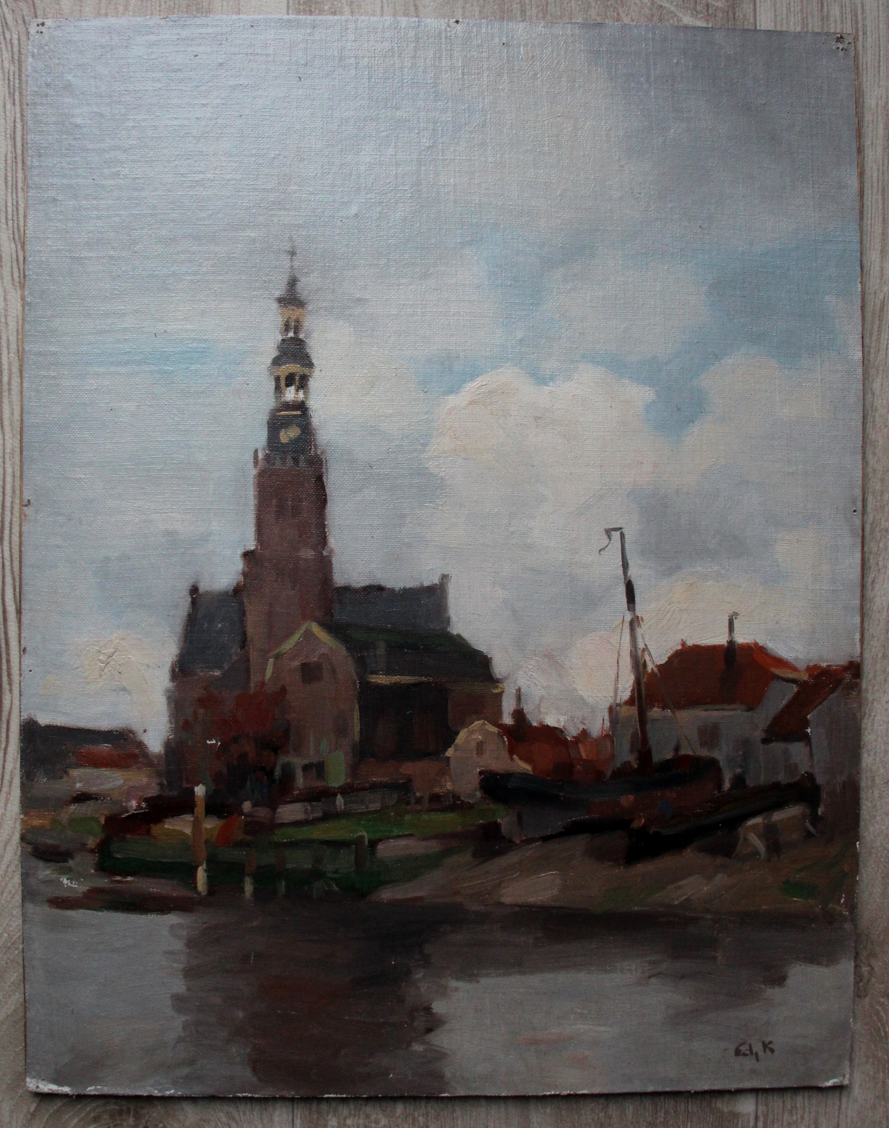 Edzard Koning - olieverf op doek op board: stad langs rivier kopen? Bied vanaf 249!