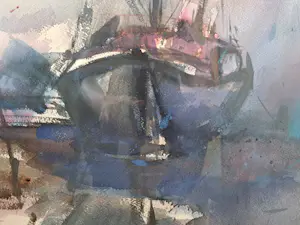 Jan Velthuis - Jan Velthuis: Aquarel, Drooggevallen schepen op het wad - Ingelijst kopen? Bied vanaf 175!