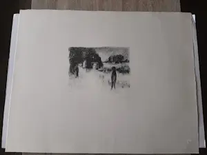 Metten Koornstra - Litho, Zonderlinge figuren op landweg. kopen? Bied vanaf 35!