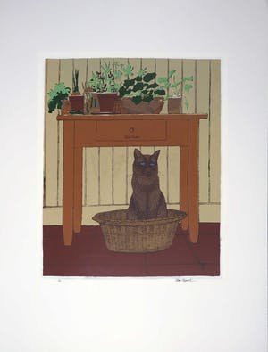 Hans Almekinders - Zeefdruk, Kat in mand kopen? Bied vanaf 1!