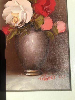 Buy Robert Cox - Rode bloemen in vaas - Olieverf op doek? Bid from 80!