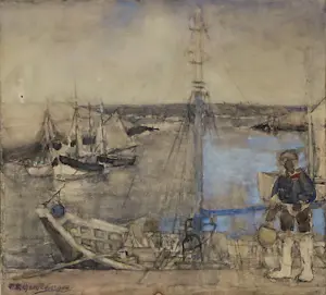 Emile Gastemans - Aquarel, Bootje aan de kade - Ingelijst kopen? Bied vanaf 50!