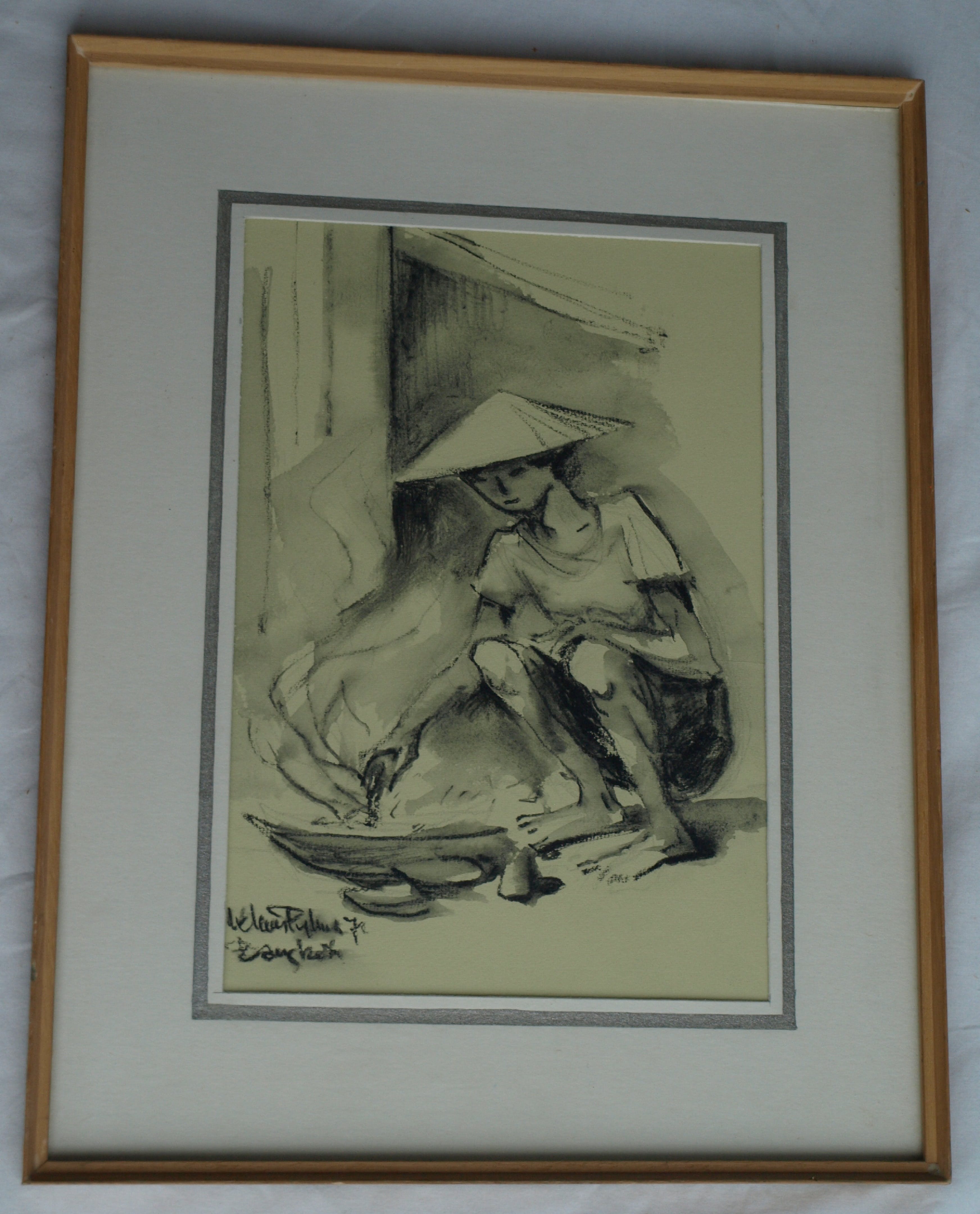 Klaas Pijlman - Contékrijt en inkt , Bangkok - gesigneerd & ingelijst – 1972 kopen? Bied vanaf 35!