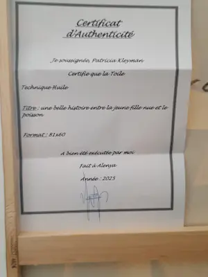 Patricia Kleyman - Acryl op doek. Titel,Une belle Histoire entre la Jeune fille Nue et le Poisson kopen? Bied vanaf 160!