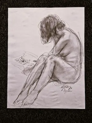 Otto Dicke - Fraaie & grote in 1977 gemaakte houtskooltekening "lezend Naakt op het strand" kopen? Bied vanaf 70!