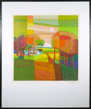 Ton Schulten - Zeefdruk, Twentse boerderij met korenvelden - Ingelijst (Zeer groot) verkocht voor € 350!