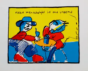 Herman Brood - Vrolijke grote kleuren-zeefdruk: Niets menschelijks is ons vreemd kopen? Bied vanaf 190!