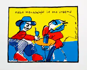 Herman Brood - Vrolijke grote kleuren-zeefdruk: Niets menschelijks is ons vreemd verkocht voor € 190!