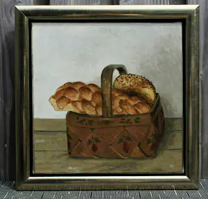 Herman Berserik - acryl op doek - stilleven:mand met broden - 1989 kopen? Bied vanaf 2250!