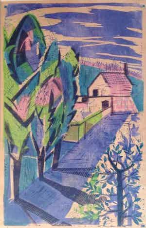 Jeanne Bieruma Oosting - a9638, linosnede, gekleurd landschap verkocht voor € 60!