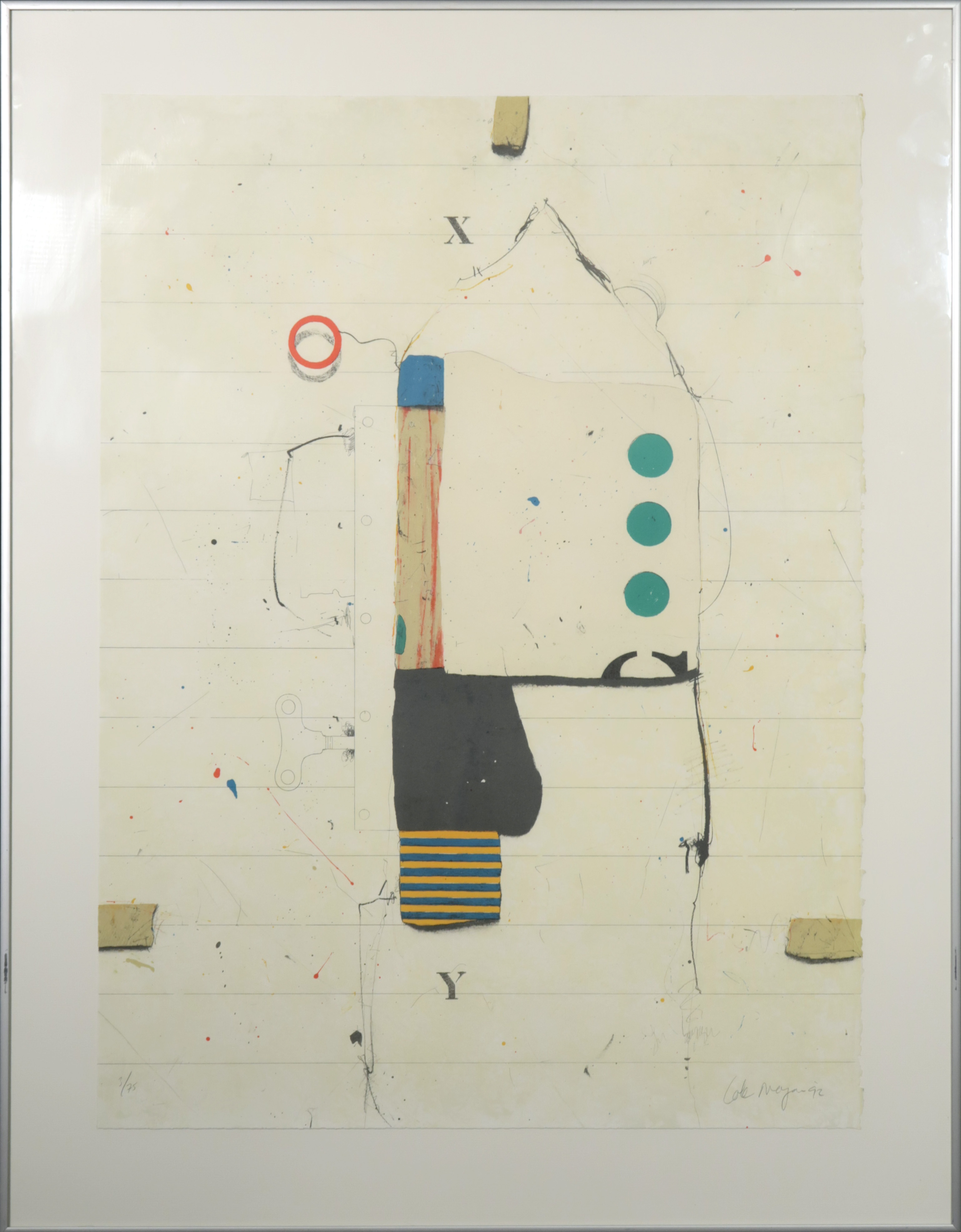 Cole Morgan - Kleurenlitho, Compositie tegen lijnpapier met 3 groene stippen - Ingelijst verkocht voor € 120!