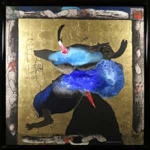 Michel van Overbeeke - Gemengde techniek met bladgoud op doek, Blue clouds - Ingelijst (Groot) verkocht voor € 1000!