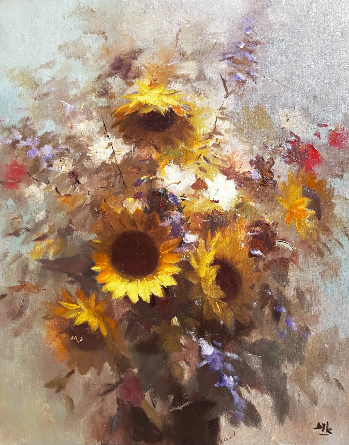 Pieter Daniel Dik - Veldboeket met zonnebloemen, olieverf op doek (ingelijst, groot!) vendu pour 375€ !