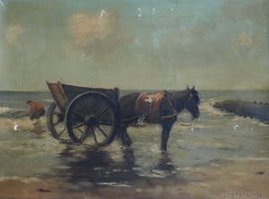 Joop Mertens - Olieverf op doek , Visser met paard en wagen – gesigneerd kopen? Bied vanaf 1!