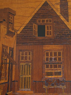 Curiosa - Houtsnijwerk / mozaïek , Stadsgezicht – ingelijst - oud kopen? Bied vanaf 1!