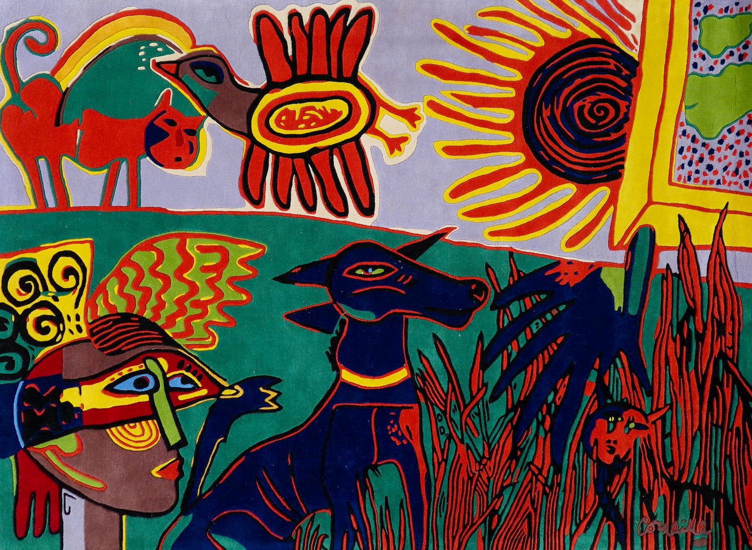 Corneille - Handgeknoopt scheerwollen kleed, Le chien bleu + Certificaat (Zeer groot) verkocht voor € 1000!