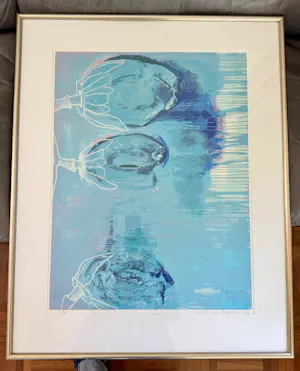 AcheterDanielle van Broekhoven - drie artisjokkenknoppen in een diepblauwe, abstracte compositie? Enchérissez de 50!
