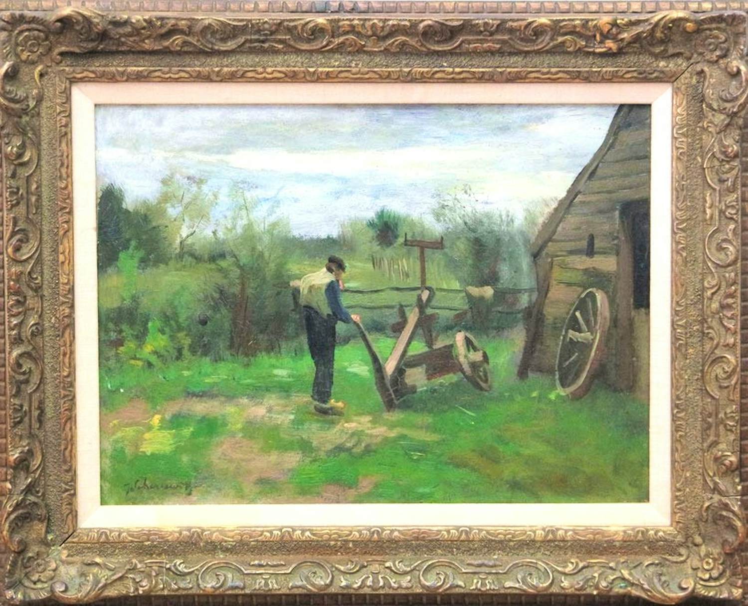 Johan Scherrewitz - "boer met ploeg" - olieverf op doek op board verkocht voor € 300!