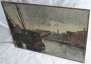 Niet of onleesbaar gesigneerd - Olieverf op doek, verdoekt op board (marouflé) , Havengezicht – Rein Snapper? kopen? Bied vanaf 1!