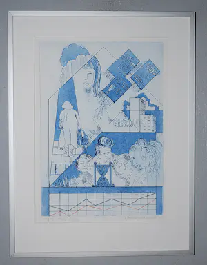 Gerard van Kerkhof - ets in blauw en rood - oplage 100 - ingelijst kopen? Bied vanaf 50!