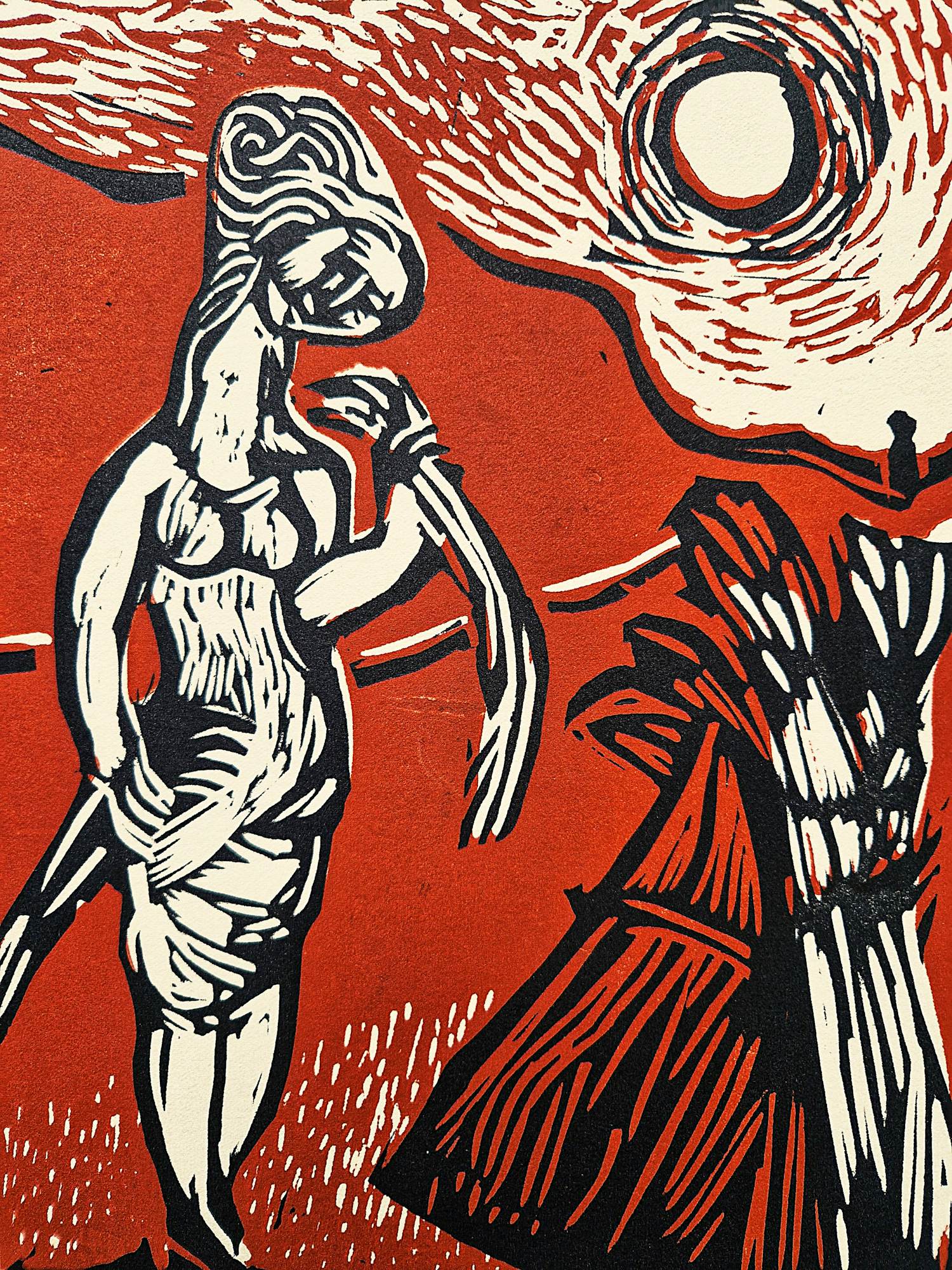 Gene Eggen - Jaren 60 kleuren houtsnede - vrouw in zomers landschap - gesigneerd kopen? Bied vanaf 40!