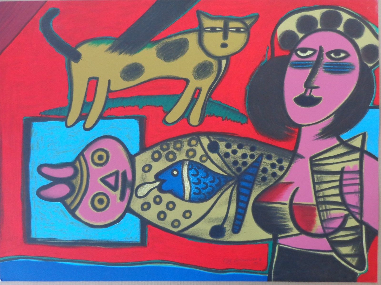 Corneille - ROZE VROUW MET KAT / KLEURLITHO / 56x74cm / SIG / 1998 kopen? Bied vanaf 175!