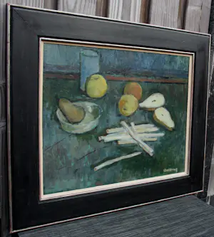 Jeanne Bieruma Oosting - Ingelijste olieverf op doek: stilleven met asperges, peren en appels kopen? Bied vanaf 1495!