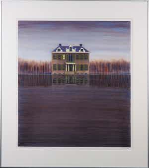 Willem de Vries - Aquarel, Villa bij avond II - Ingelijst verkocht voor € 1!