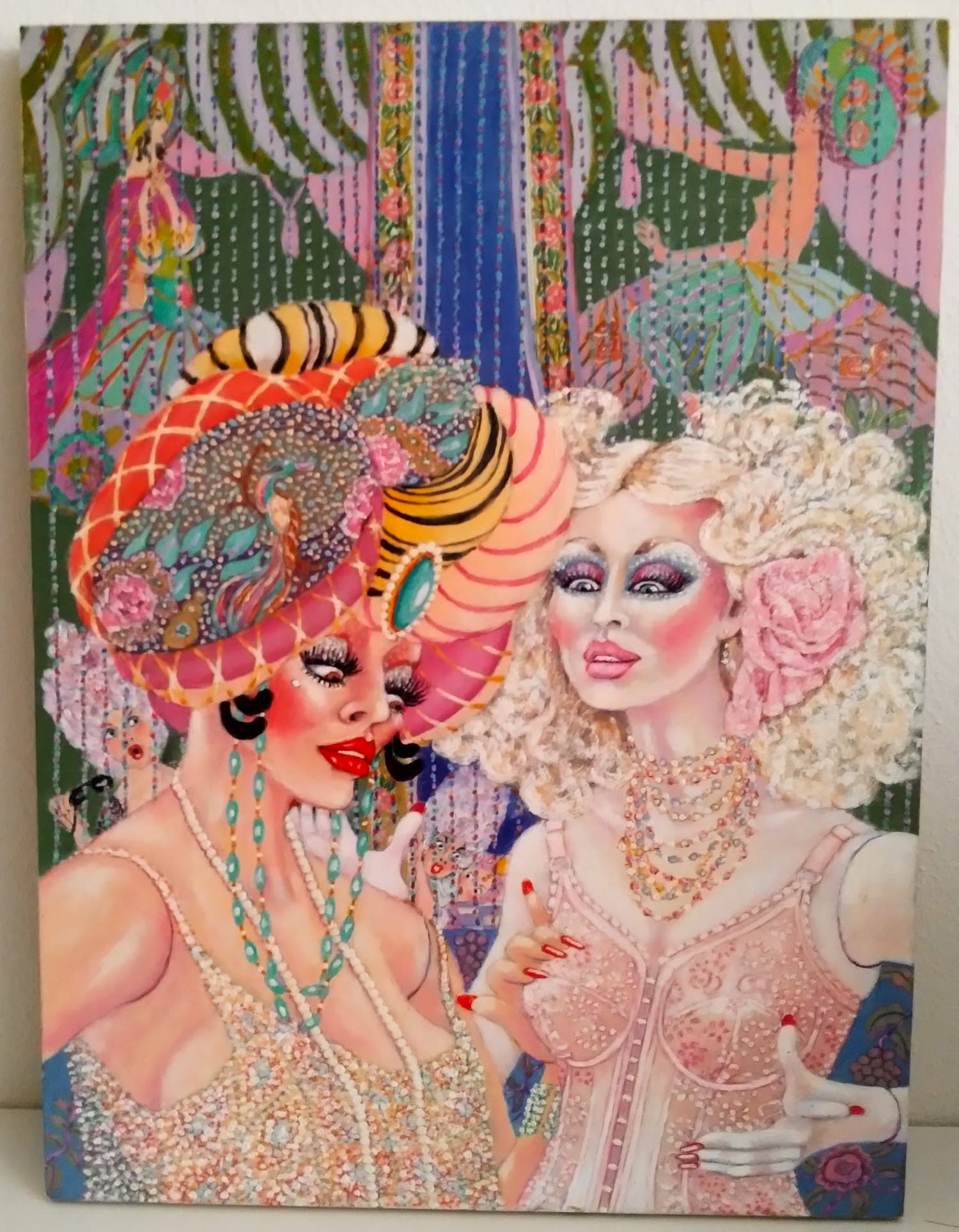 Niet of onleesbaar gesigneerd - J.C. van der Does; Kleurrijke dames op een feestje kopen? Bied vanaf 1!