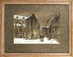 Jan Rijlaarsdam - Opgehoogde inkttekening, Stadsgezicht verkocht voor € 1!