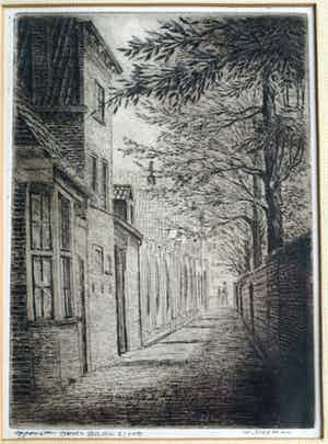 Willem Hopman - Ingelijste ets , Gedempte Baansloot Alkmaar verkocht voor € 35!