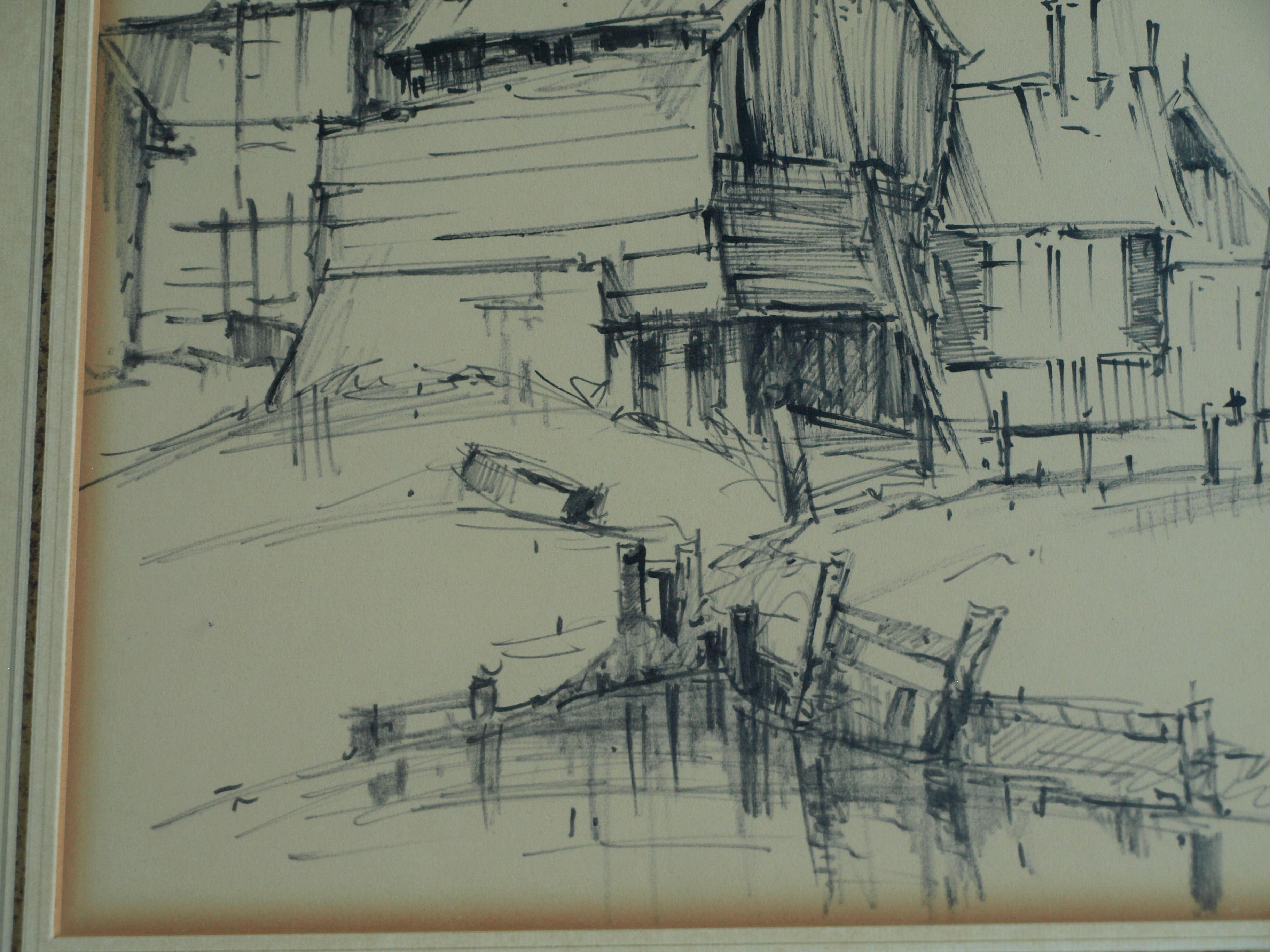 Niet of onleesbaar gesigneerd - Tekening , Dorpje – gesigneerd & ingelijst – ca 1964  kopen? Bied vanaf 1!