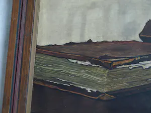 Jo Lodeizen - Olieverf op paneel, Stilleven met boeken en zandloper – 1931 kopen? Bied vanaf 1!