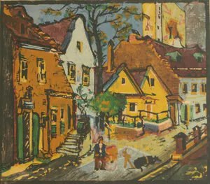 Niet of onleesbaar gesigneerd - Ingelijste kleurenhoutsnede , Stadsgezicht – ca. 1940 kopen? Bied vanaf 1!