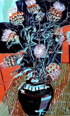 Vincent van Ojen - Houtsnede: Distels - 2001 (Mooie houten lijst!) verkocht voor € 125!