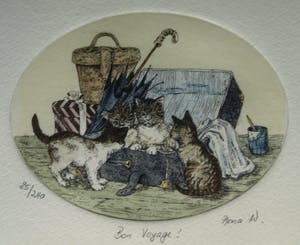 Niet of onleesbaar gesigneerd - 3 Ingelijste etsen met katten – gesigneerd Anna W. kopen? Bied vanaf 1!