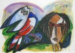 John Lie a Fo - Gouache en krijt, Vogel en man - Ingelijst kopen? Bied vanaf 150!