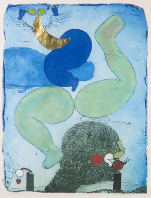 Michel van Overbeeke - Ets en aquatint met bladgoud, Dancing world - Ingelijst kopen? Bied vanaf 70!