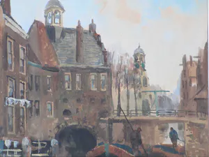 Adriaan Terhell - Hollandse stad met schippers in gracht - Aquarel kopen? Bied vanaf 40!