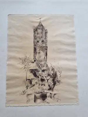 Germ de Jong - originele 1944 houskooltekening op papier "Kerktoren" gesigneerd kopen? Bied vanaf 35!